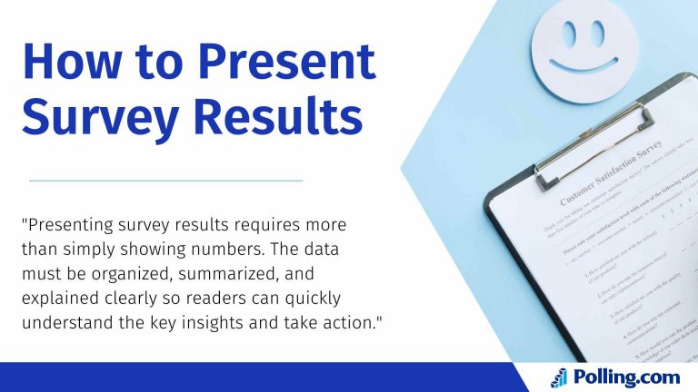 How to present survey results using clear summaries and visuals, featuring a customer satisfaction survey and feedback form on a clipboard.