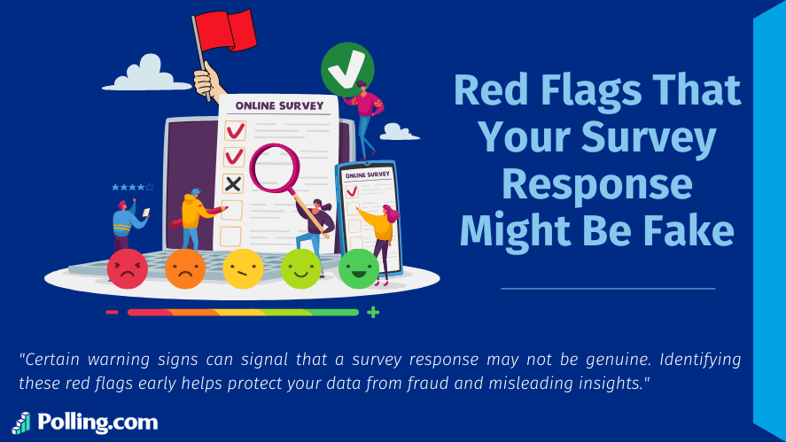 Illustration of online survey with warning icons and rating scale showing red flags that a survey response might be fake.