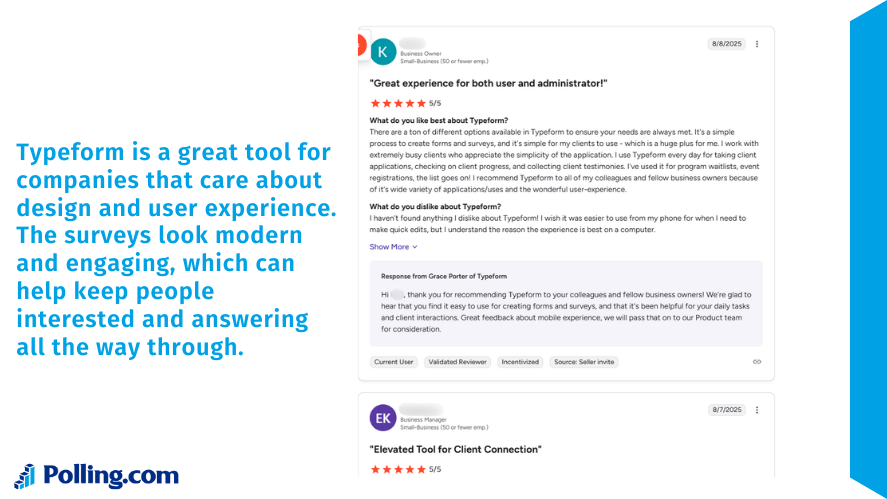 Typeform survey tool user review showing feedback about survey design and user experience