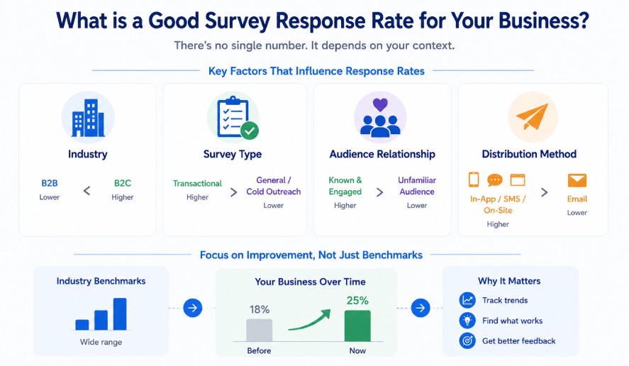 Survey response rate infographic explaining factors that influence participation, including industry, survey type, audience relationship, and distribution method. The visual emphasizes tracking improvements over time rather than relying solely on industry benchmarks to measure survey performance.