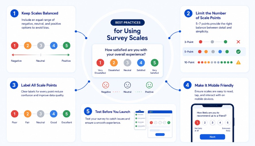 Survey scale best practices infographic showing five recommendations for creating effective survey rating scales: keeping response options balanced, using an optimal number of scale points, labeling every scale option, designing mobile-friendly surveys, and testing surveys before launch to improve data quality and respondent experience.