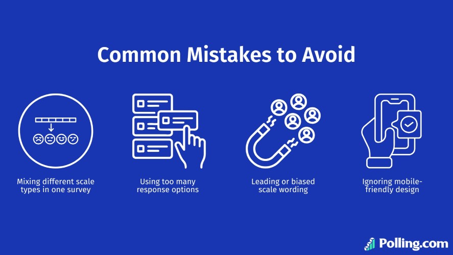 Four common mistakes to avoid when using different types of scales used for surveys include: mixing different scale types in one survey, using too many response options, leading or biased scale wording, and ignoring mobile friendly design