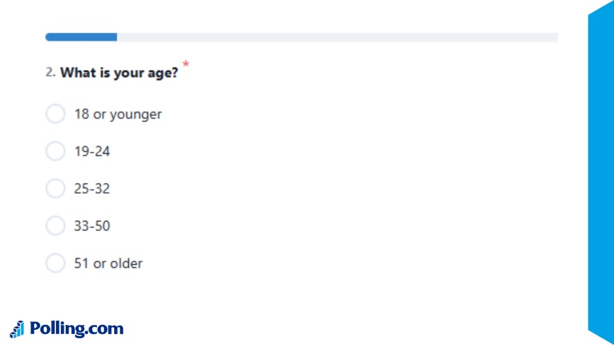 A survey question ask What is your age with 5 options: 18 or younger, 19 to 24, 25 to 32, 33 to 50, and 51 or older