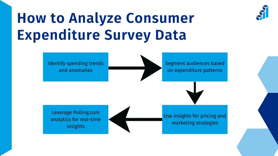 The steps to analyze consumer expenditure survey data: identify spending trends and anomalies, segment audiences based on patterns, use insights for pricing and marketing strategies, and leverage Polling.com analytics for real-time insights