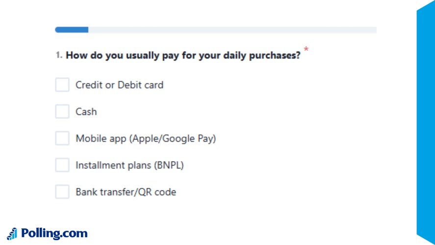 A survey question ask how do you usually pay for your daily purchases with 5 options: Credit or Debit cards, cash, mobile app, installment plans, and bank transfer/QR codes