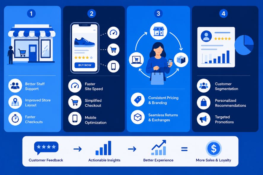 Retail survey dashboard displaying customer satisfaction metrics, shopping channel preferences, purchase decision factors, and generational shopping behaviors for in-store and online consumers.