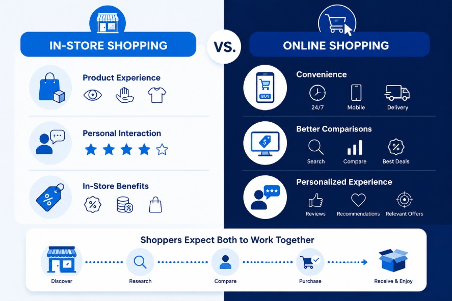 Infographic comparing in-store shopping and online shopping preferences. The visual highlights product experience, personal interaction, and immediate purchase benefits for in-store shopping, while emphasizing convenience, price comparison, delivery, and personalized recommendations for online shopping. A customer journey at the bottom shows shoppers moving between both channels, illustrating the importance of an integrated omnichannel shopping experience.
