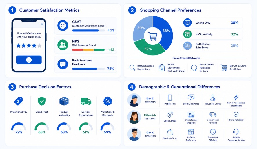 Infographic showing four strategies for improving retail experiences across physical stores and ecommerce channels, including store optimization, website performance, omnichannel integration, and customer segmentation driven by shopper feedback and analytics.