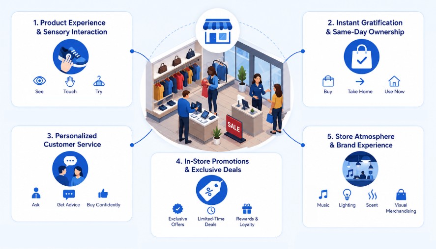 Infographic illustrating the main drivers of in-store purchases, including product interaction, instant ownership, personalized customer service, exclusive promotions, and store atmosphere that influence shopper decisions.