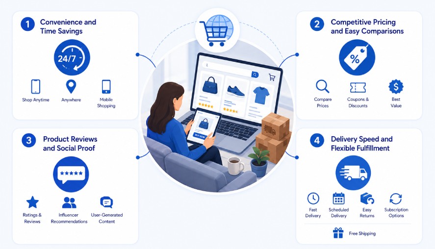 Online shopping infographic highlighting convenience, competitive pricing, product reviews, and fast delivery as major factors influencing online purchase decisions and ecommerce growth.