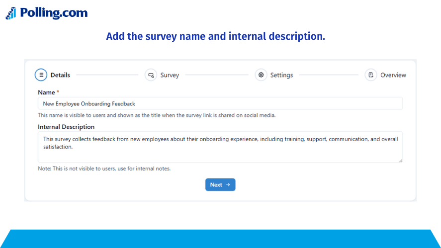 Polling.com survey details page for adding the onboarding survey name and internal description