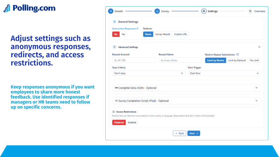Polling.com settings page for adjusting anonymous responses, redirects, repeat submissions, and access restrictions for an onboarding survey