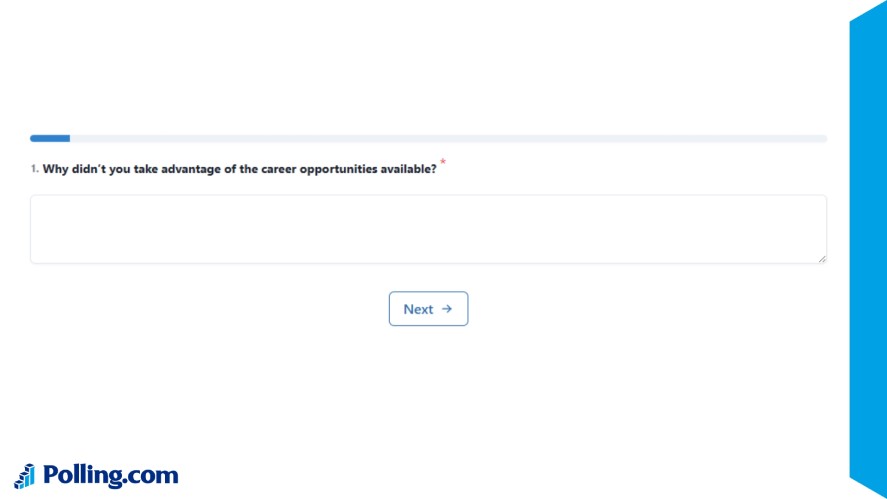 Exit survey screen featuring an open-ended question asking why an employee did not take advantage of available career opportunities, with a text response field for detailed feedback.