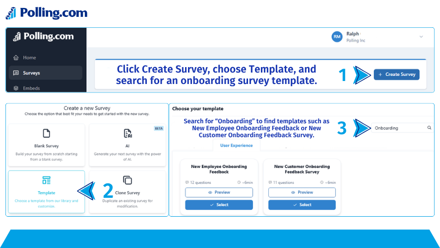 Polling.com template selection page showing how to create a survey and search for onboarding survey templates