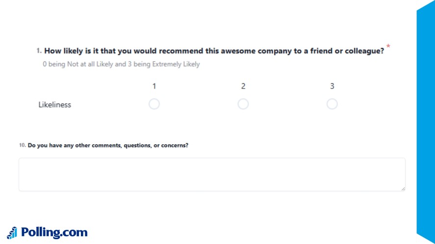 Employee exit survey form displaying an employee Net Promoter Score (eNPS) question asking how likely departing employees are to recommend the company, followed by an open-ended feedback field.
