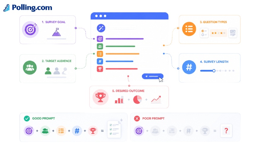 Survey AI prompt framework illustrating five key inputs including survey goal, target audience, question types, survey length, and desired outcome.