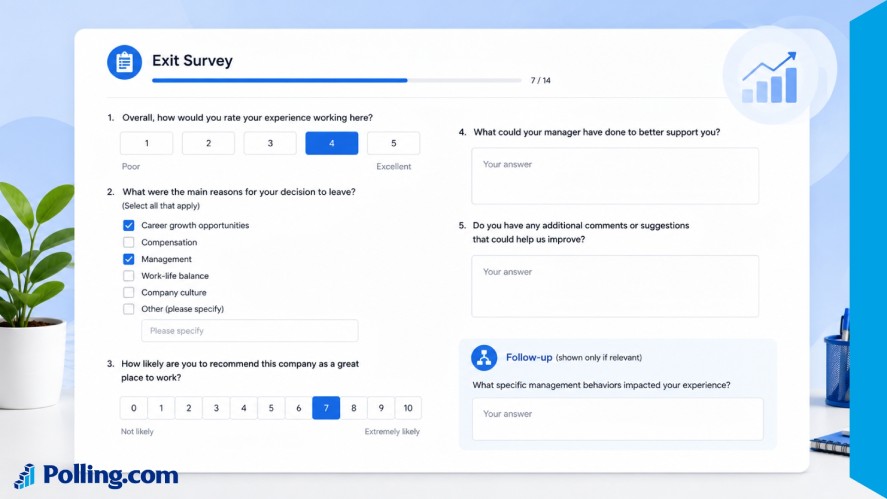 Employee exit survey example showing rating scales, multiple-choice questions, open-ended feedback fields, and conditional follow-up questions designed to collect actionable employee insights.