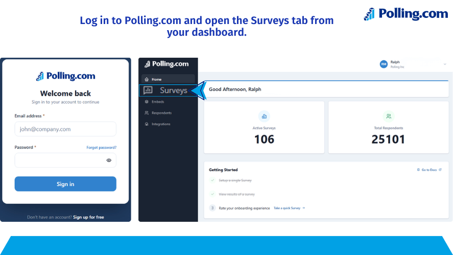 Polling.com dashboard showing how to log in and open the Surveys tab to create an onboarding survey