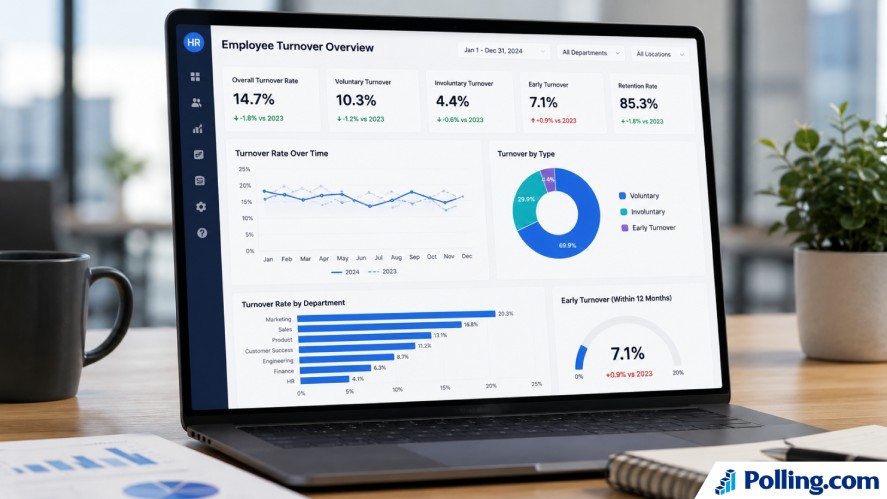 Employee turnover analytics dashboard displaying key HR metrics, including overall turnover rate, voluntary and involuntary turnover, early turnover, retention rate, department comparisons, and workforce trend charts.