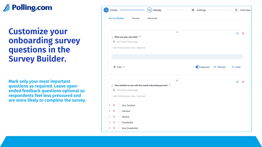 Polling.com Survey Builder showing how to customize onboarding survey questions and required response options