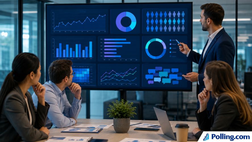 HR team reviewing employee exit survey results on a large analytics dashboard with charts, graphs, and workforce metrics to identify turnover trends and improve employee retention.