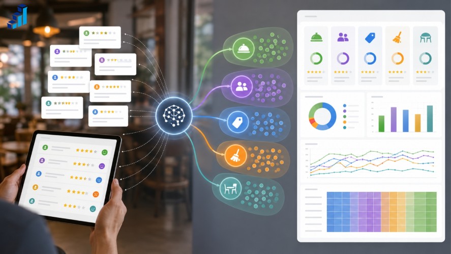 Customer satisfaction survey factor analysis visualization showing survey responses grouped into key themes such as service, staff, pricing, cleanliness, and atmosphere, with an analytics dashboard displaying charts, graphs, and actionable insights.