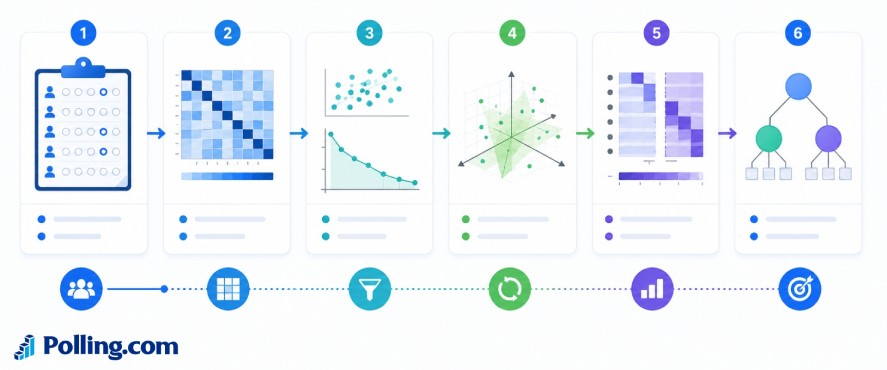 Step-by-step infographic explaining how factor analysis works, from collecting survey responses and analyzing correlations to extracting underlying factors, validating results, and interpreting grouped variables for meaningful insights.