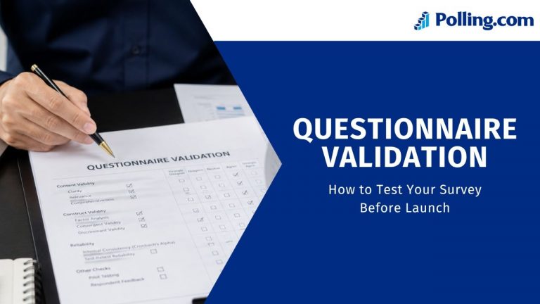 Person reviewing a questionnaire validation checklist illustrating the process of testing survey validity and reliability before launch, including content validity, construct validity, reliability, and pilot testing