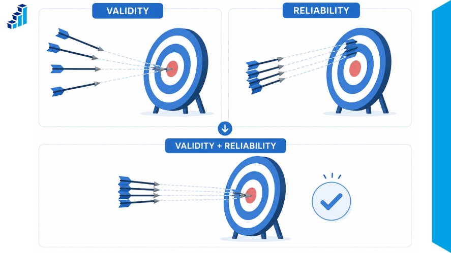 Infographic explaining the difference between validity and reliability using target and arrow illustrations. The visual compares accurate measurements, consistent measurements, and the ideal combination of both validity and reliability in survey research