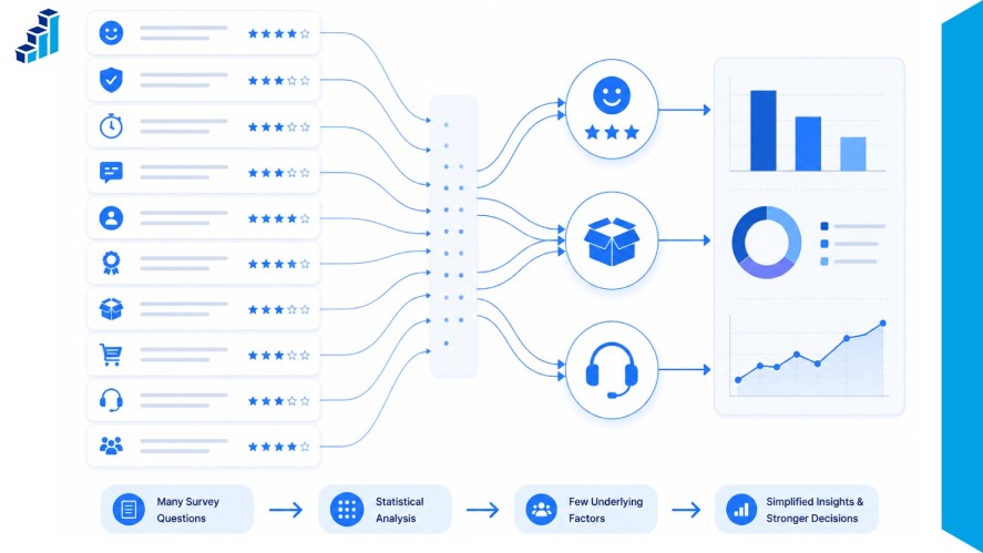 Infographic explaining factor analysis by showing how multiple survey questions are grouped through statistical analysis into a smaller number of underlying factors, simplifying survey data and improving decision-making.