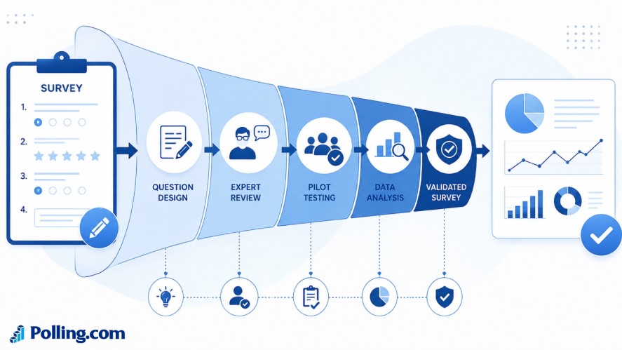 Step-by-step questionnaire validation workflow illustrating survey design, expert review, pilot testing, data analysis, and validation before using survey results for research and decision-making.