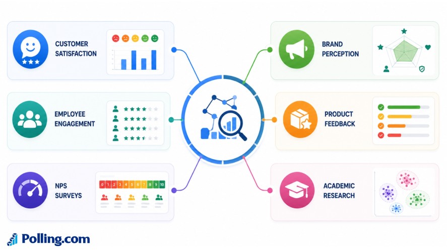 Infographic showing common applications of factor analysis in survey research, including customer satisfaction, employee engagement, Net Promoter Score (NPS) surveys, brand perception, product feedback, and academic research to identify underlying patterns and simplify survey data.