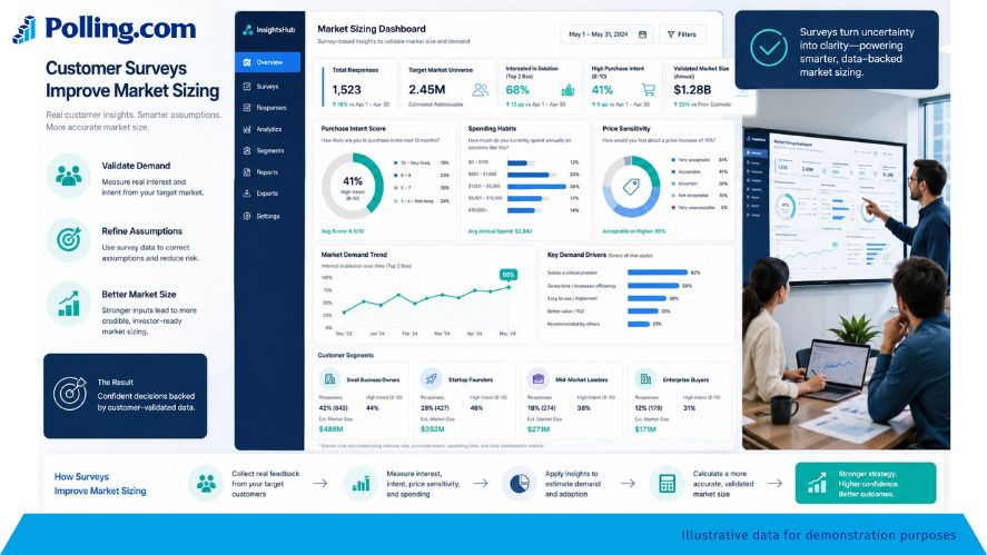 Market sizing survey dashboard showing customer demand, purchase intent, spending habits, and price sensitivity.