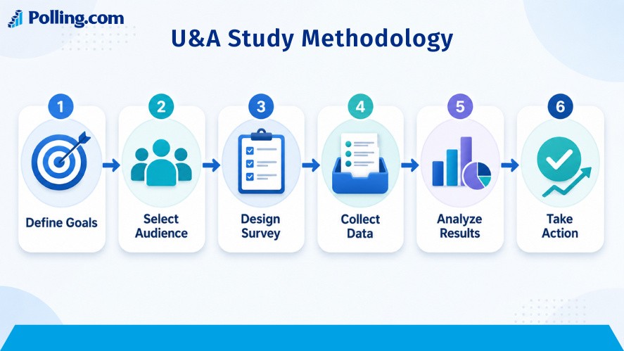 Usage and Attitude study methodology showing research goals, audience selection, survey design, data collection, analysis, and action.