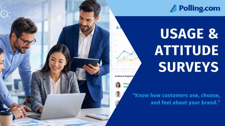 Usage and Attitude Survey guide showing customer behavior, survey responses, brand insights, and market research data.