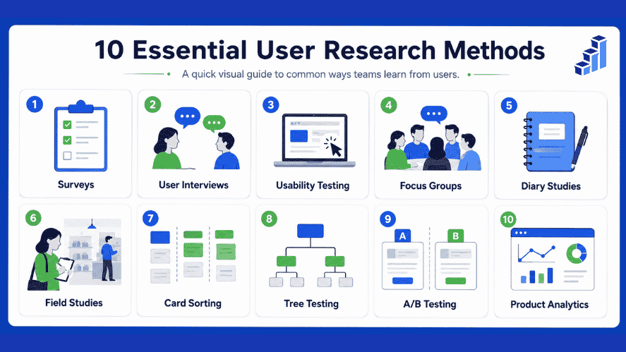 Overview of 10 user research methods including surveys, interviews, usability testing, card sorting, A/B testing, and analytics.