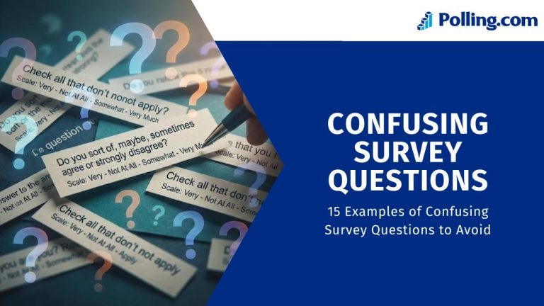 An graphic from Polling.com titled "Confusing Survey Questions: 15 Examples of Confusing Survey Questions to Avoid" featuring printed strips of poorly worded survey prompts surrounded by question marks.