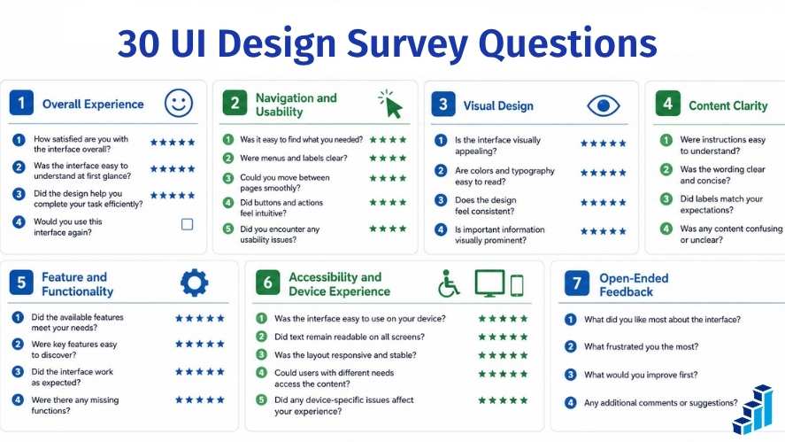 30 UI design survey questions grouped by overall experience, navigation, visual design, content clarity, features, accessibility, and open-ended feedback.