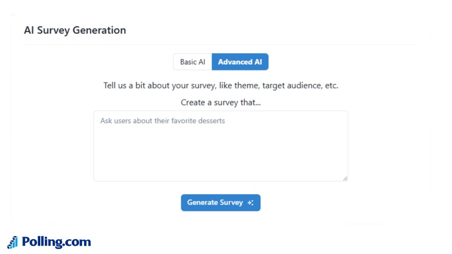 Screenshot of Polling.com AI survey generation interface with prompt field and generate survey button