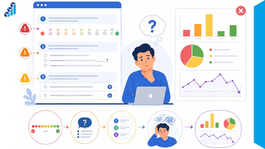 Illustration of common attitudinal survey question mistakes, including confusing wording, unbalanced response scales, poor question order, and misleading survey data.