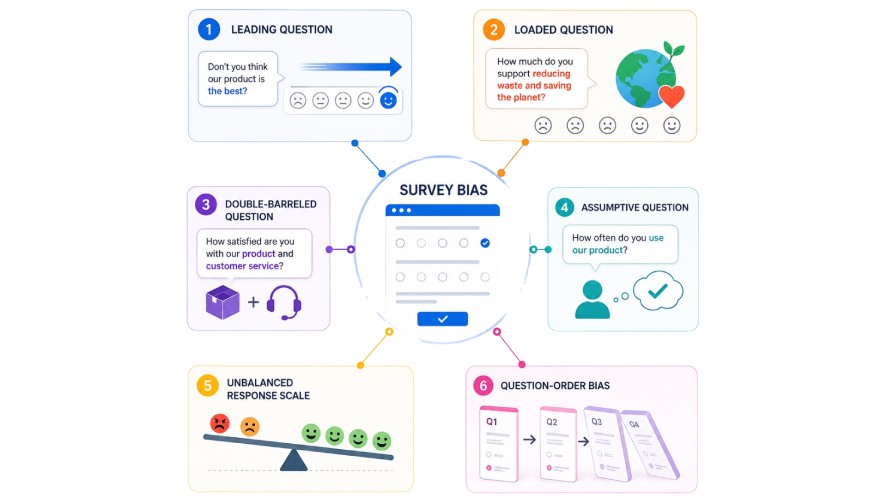 Infographic showing six common types of survey question bias: leading, loaded, double-barreled, assumptive, unbalanced response scale, and question-order bias