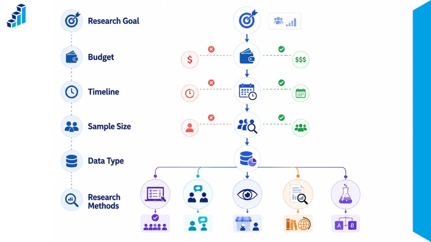 Flowchart illustrating how to choose a market research method based on research goals, budget, timeline, sample size, and data type