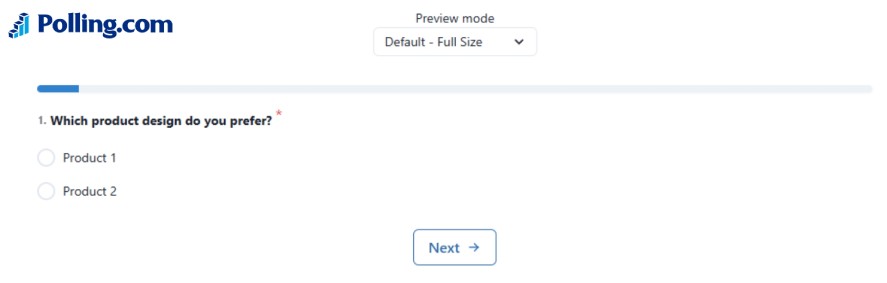 Multiple-choice survey question asking respondents to choose their preferred product design between two options.