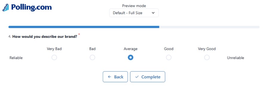 Semantic differential survey question measuring brand perception on a scale from Reliable to Unreliable with five rating points.