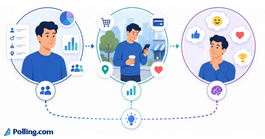 Illustration showing how survey responses reveal consumer attitudes, opinions, preferences, behaviors, and perceptions through questions and data analysis.