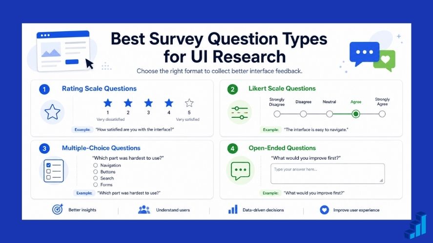 Best survey question types for UI research, including rating scales, Likert scales, multiple-choice questions, and open-ended questions.