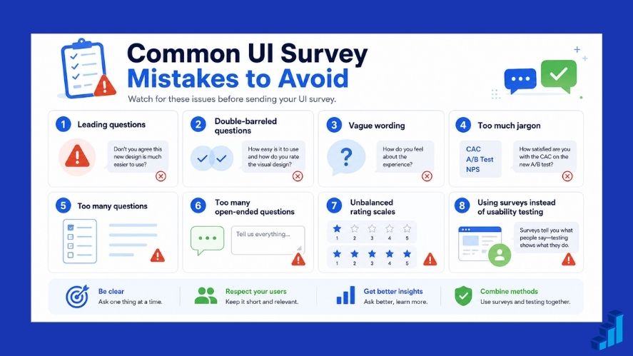 Common UI survey mistakes to avoid, including leading questions, vague wording, too many questions, unbalanced scales, and replacing usability testing with surveys.