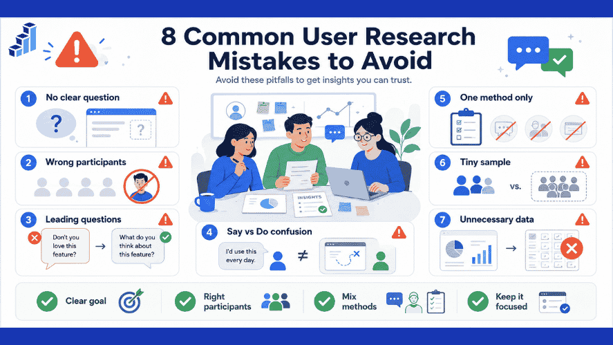 Common user research mistakes including leading questions, poor participant selection, small samples, and overly long surveys.