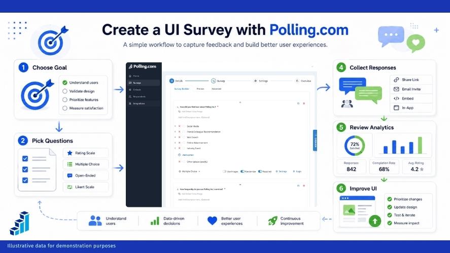Create a UI survey with Polling.com by choosing a goal, selecting questions, collecting responses, reviewing analytics, and improving the interface.
