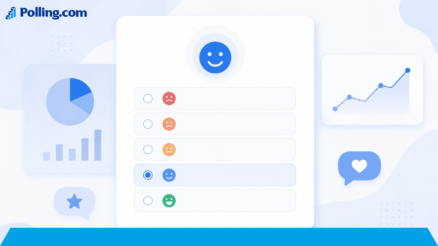 Modern customer satisfaction survey interface with five single-response radio button options and one selected answer, with satisfaction icons and subtle analytics visuals.